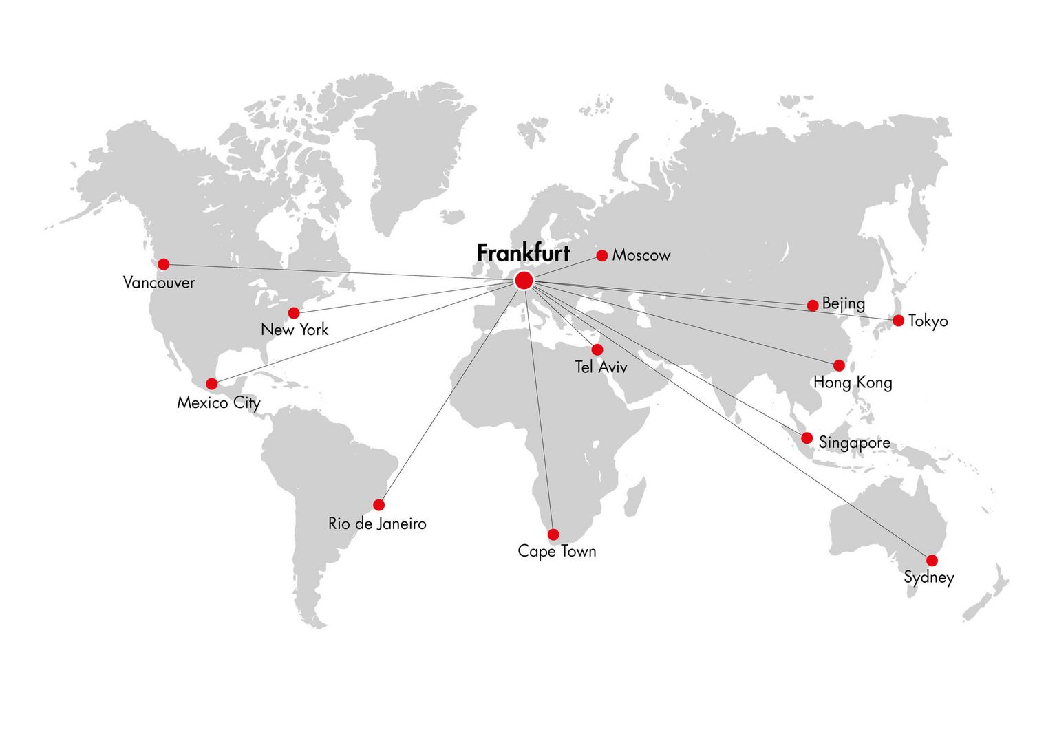 Drawing of a world map showing the flight distances between Frankfurt and other cities in the world. 